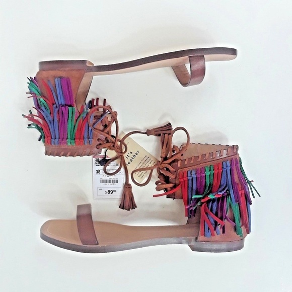 New Zara Leather Boho Summer Fringe Tassel 7.5 - Picture 3 of 8